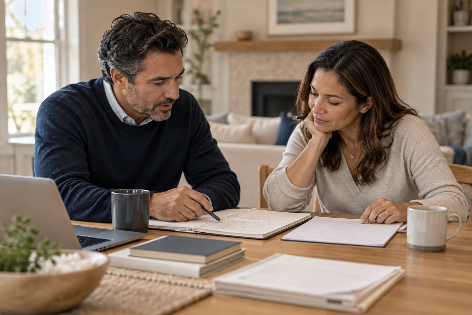 A couple discussing household priorities with a budget notebook and calendar