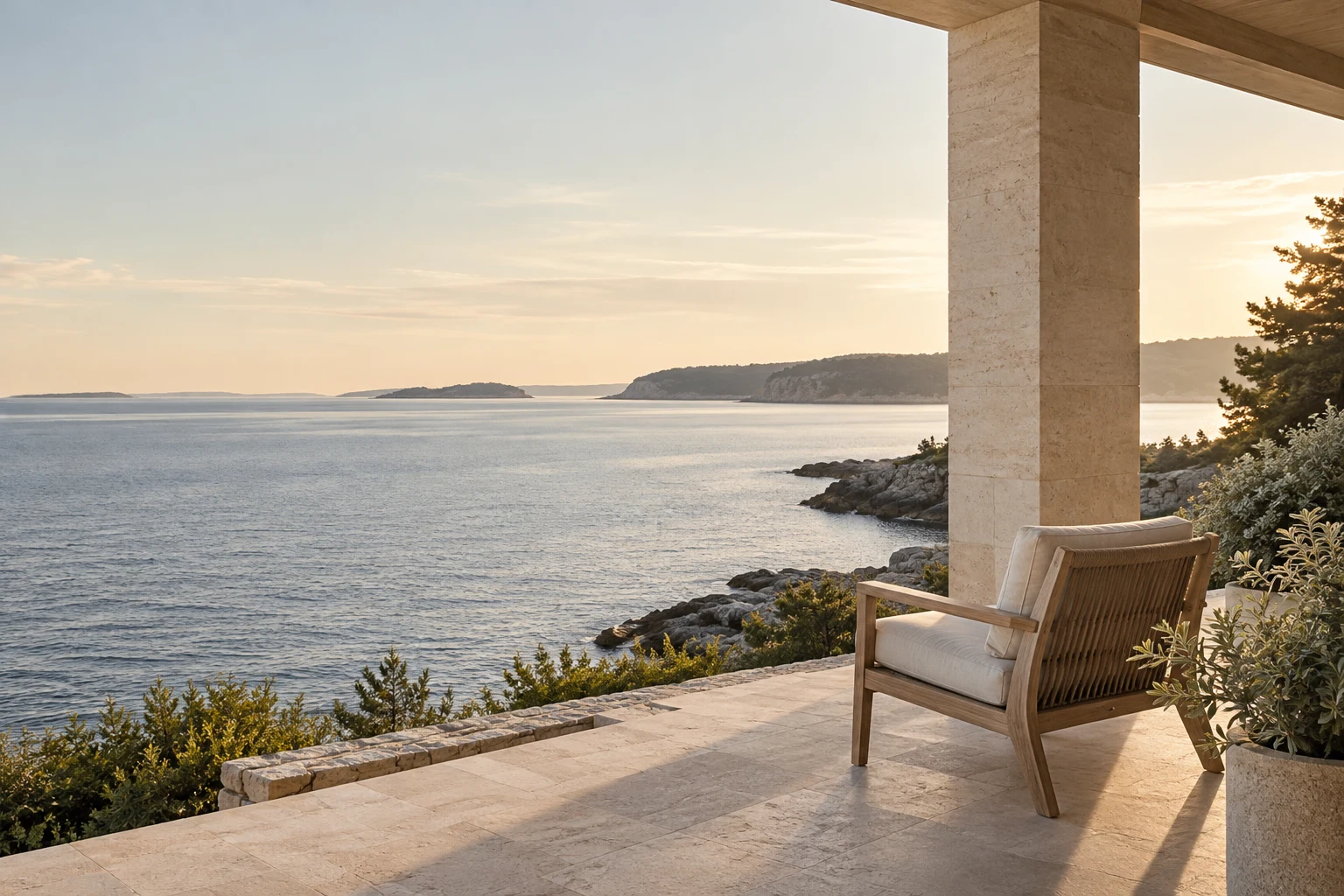 Warm coastal light across a quiet New England terrace