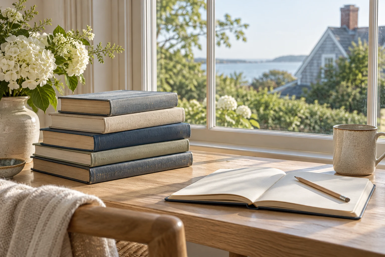 Books and an open notebook beside a garden window