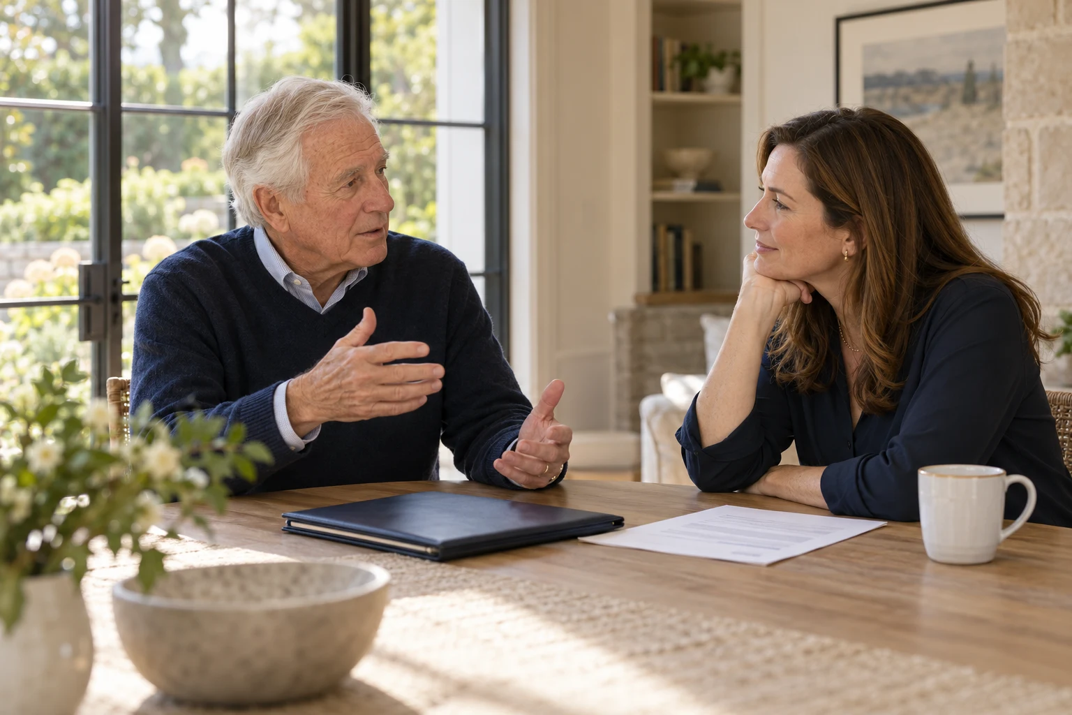 An older father and his adult daughter considering later-life arrangements together