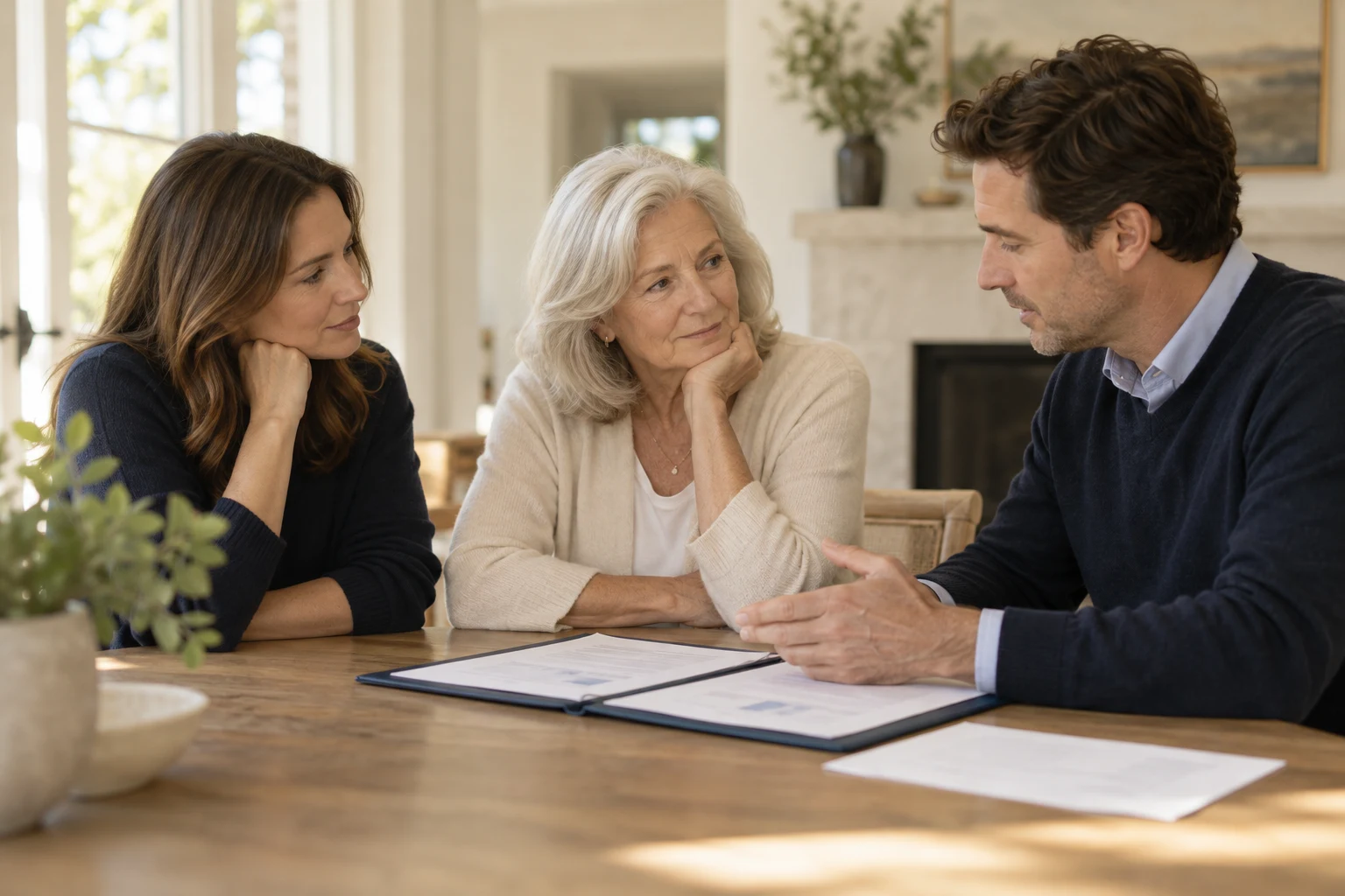 A mother and her adult children discussing family wealth planning together