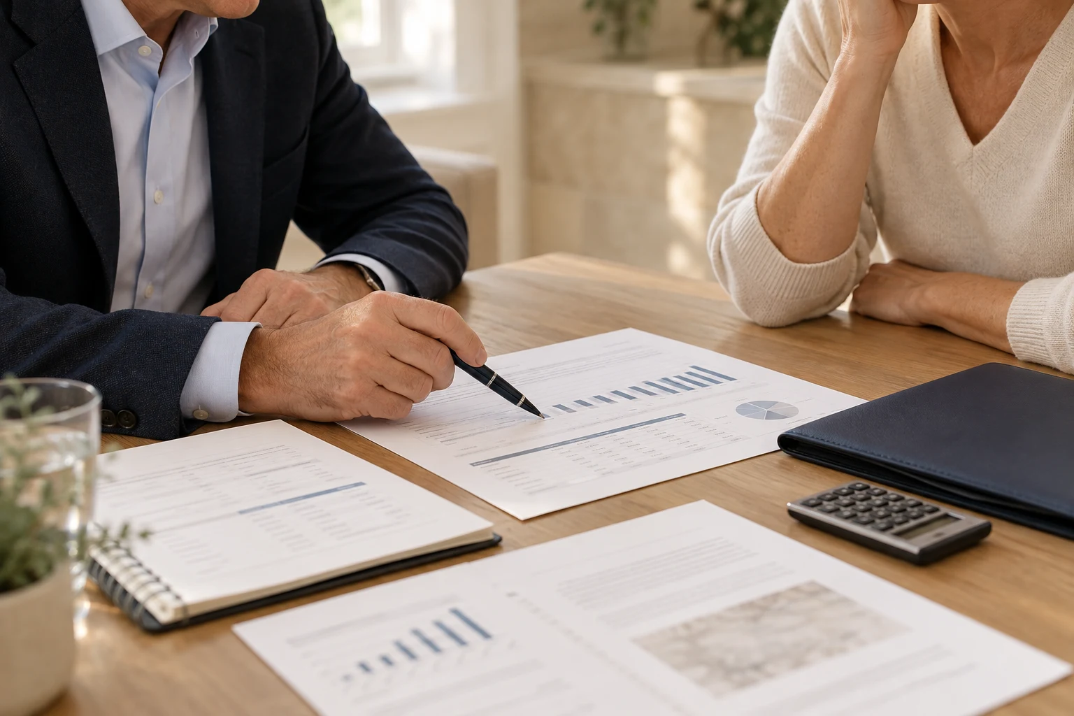 A close view of a tax planning discussion with organized worksheets and a navy document folder